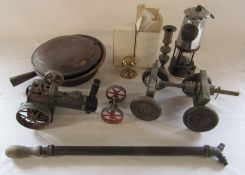 Miners lamp (glass broken), copper warming pan, traction engine, pump, brass door handles etc