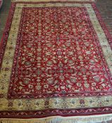 Rich red ground pile cashmere floral carpet with golden border 228cm by 156cm