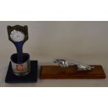 Mounted Jaguar car mascot & a clock made from an engine piston