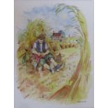 Colin Carr (1929-2002) large framed watercolour of a harvest scene, signed and dated '90 63 cm x
