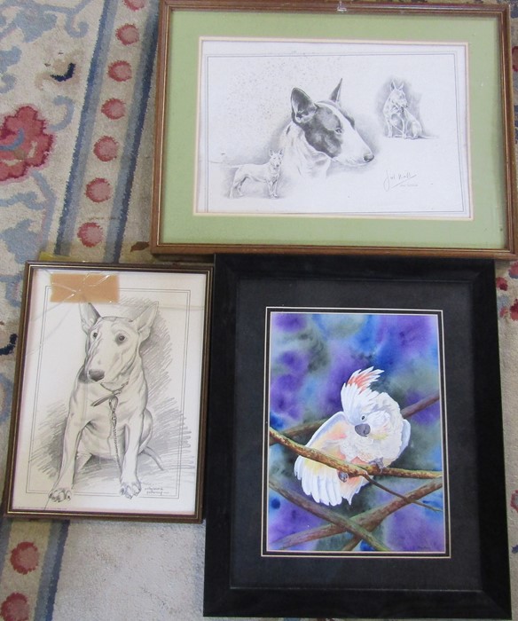 2 ceiling fans, watercolour of a parrot signed C Hunter, 3 pen & ink drawings of Samurai warriors - Image 2 of 3