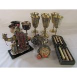 Selection of silver plate inc shell dish and wine goblets, Shudehill hedgehog & a camel figurine