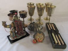 Selection of silver plate inc shell dish and wine goblets, Shudehill hedgehog & a camel figurine