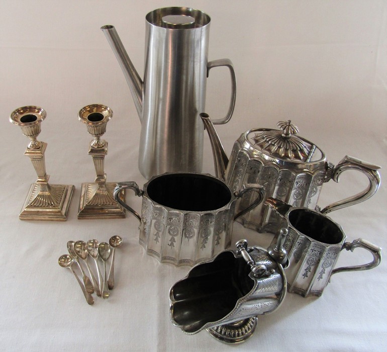 Selection of silver plate inc tea set, Old Hall stainless steel coffee pot and candlesticks