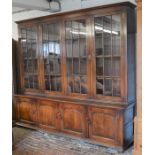 Large oak reproduction Georgian oak display bookcase (in 2 sections) L 240cm Ht 218cm D 54cm