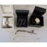 Ladies Pulsar and Lipsy watches, pearl necklace, Beaverbrooks necklace and earring set and a white