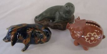 Norah Bailey pig dated 1940 with inscription H 5 cm, pottery pig by P Kay and a John Bourdeaux