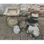 Selection of garden ornaments inc bird bath and large frog
