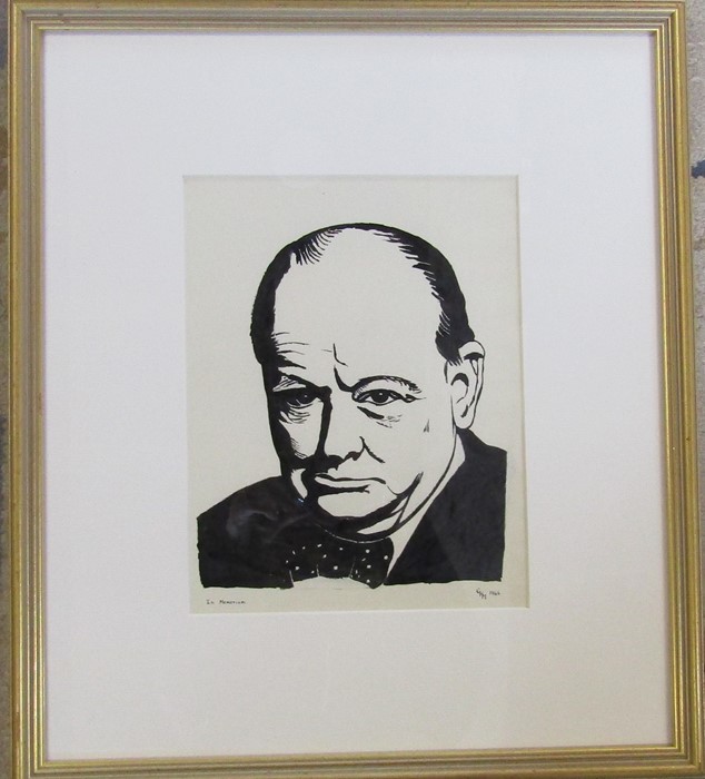 Framed pen and ink drawing of Winston Churchill 'In memoriam' initialled GHM 1965 44 cm x 50 cm ( - Image 2 of 2