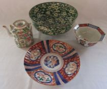 Green Chinese bowl H 10 cm, D 23.5 cm, Imari plate D 21 cm and bowl H 7 cm and a Cantonese teapot