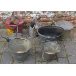 Fire bucket, coal scuttle, 3 metal buckets, 2 watering cans & pair of boot supports