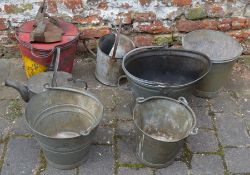 Fire bucket, coal scuttle, 3 metal buckets, 2 watering cans & pair of boot supports