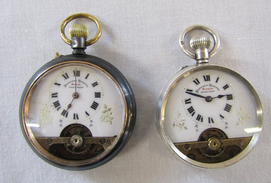 2 Hebdomas patent 8 day Swiss made pocket watches inc one silver D 47 mm and 52 mm