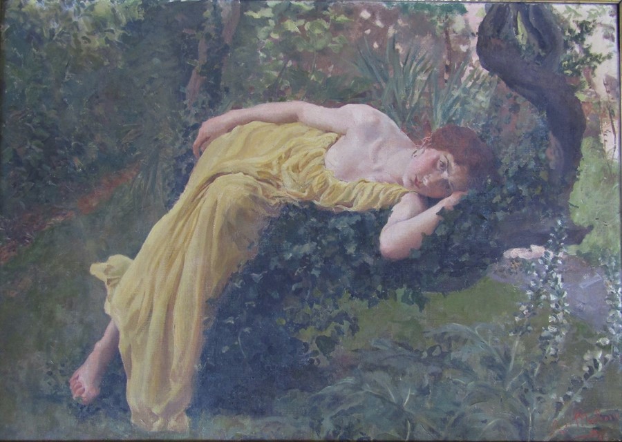 Anna A MacRory - late 19th century gilt framed oil on canvas of a young woman relaxing against a