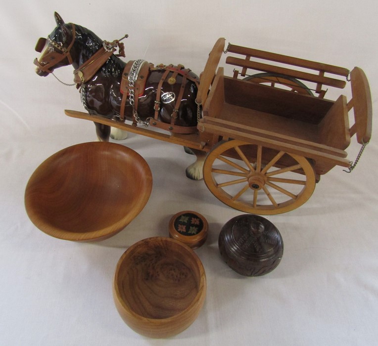 Large Trentham Pottery shire horse and cart L 53 cm and treen bowls and pots inc Aultbea cherry