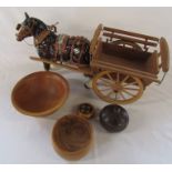 Large Trentham Pottery shire horse and cart L 53 cm and treen bowls and pots inc Aultbea cherry