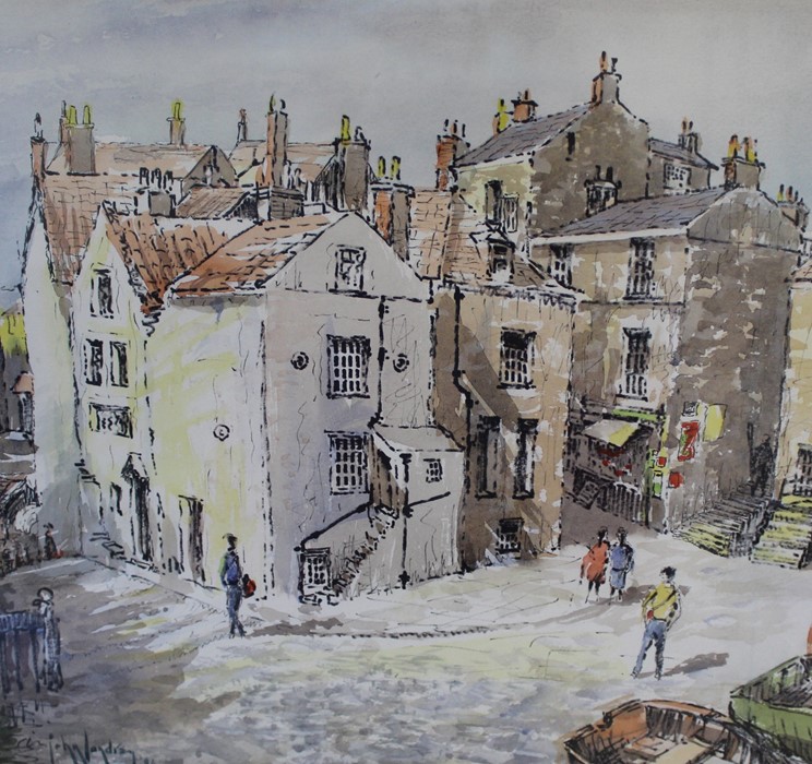 Large framed watercolour / pen picture "Robin Hoods Bay" by John Landrey '86 52cm x 49.5cm