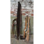 3 axes, axe handles, sickles & saws