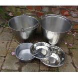 2 stainless steel buckets and various bowls
