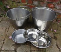 2 stainless steel buckets and various bowls