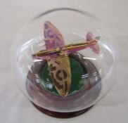 Northumbrian glass Spitfire in glass dome H 13 cm