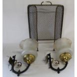Pair of large Victorian style wall lights with etched glass shades & a folding brass firescreen