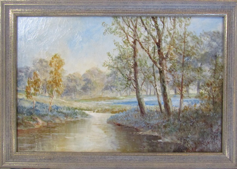 Graham Williams (aka Francis Jamieson) (1895-1950) framed oil on canvas landscape with a stream in - Image 2 of 4