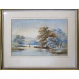 Framed watercolour landscape of cattle by a river with a sailing boat signed John Burrel Smith 44 cm