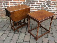 Oak occasional table with scalloped edge and an oak drop leaf table both with barley twist legs
