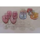 Set of 6 coloured lustre hock glasses H 17 cm & set of 6 cranberry wine glasses H 13.5 cm