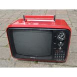Hitachi solid state transistor portable TV with red plastic case model no F-54G-311 L 41 cm H 31