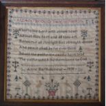 Framed early Victorian sampler 'Yield to the Lord with simple heart...' by Anne Bartholomew 1838
