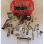 Box containing various items inc horn, opera glasses, lace making bobbin, travelling inkwell etc