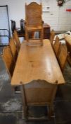 Hand crafted oak reproduction 16th century refectory table ( 208cm by 90cm) with 8 chairs