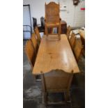 Hand crafted oak reproduction 16th century refectory table ( 208cm by 90cm) with 8 chairs