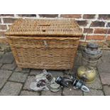 Wicker fishing basket, tilly lamp and selection of fishing reels inc Point Professional and