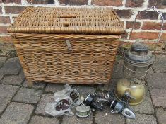 Wicker fishing basket, tilly lamp and selection of fishing reels inc Point Professional and
