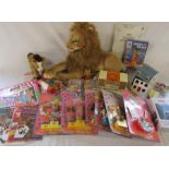 Various toys inc large lion soft toy, Steiff Corso the horse, puppy in my pocket, Jaws jigsaw, Betta
