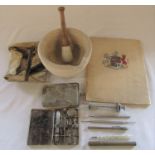 Selection of veterinarian equipment inc sewing kit, syringe, pestle and mortar & commemorative