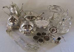 Various silver plate inc condiment set, teapot, napkin rings and tazza