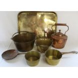 Large aesthetic pattern brass tray 60.5cm x 44.5cm, copper kettle, cream skimmer & selection of