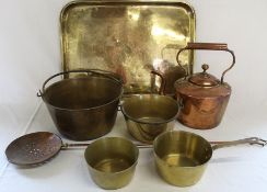 Large aesthetic pattern brass tray 60.5cm x 44.5cm, copper kettle, cream skimmer & selection of
