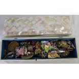 Mother of pearl jewellery box & selection of costume jewellery (some damage to box)