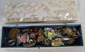 Mother of pearl jewellery box & selection of costume jewellery (some damage to box)