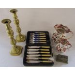 Cased set of fish knives and forks, pair of brass candlesticks, 2 Masons jugs etc