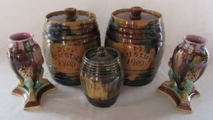 2 large slipware storage jars H 21 cm 'Mrs Cusins 1900', lidded tea jar and a pair of Minton style