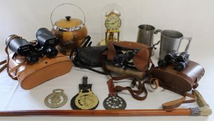 Kundo torsion clock, Nipole binoculars, Malacca and deer horn handled walking stick with silver