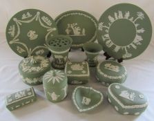 Selection of sage green Wedgwood jasperware including trinket pots, vases and plates