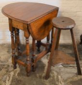 Oval top oak gate leg table & a high stool