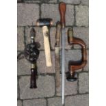 Holdall containing wooden brace, large rasp, lump hammer etc.